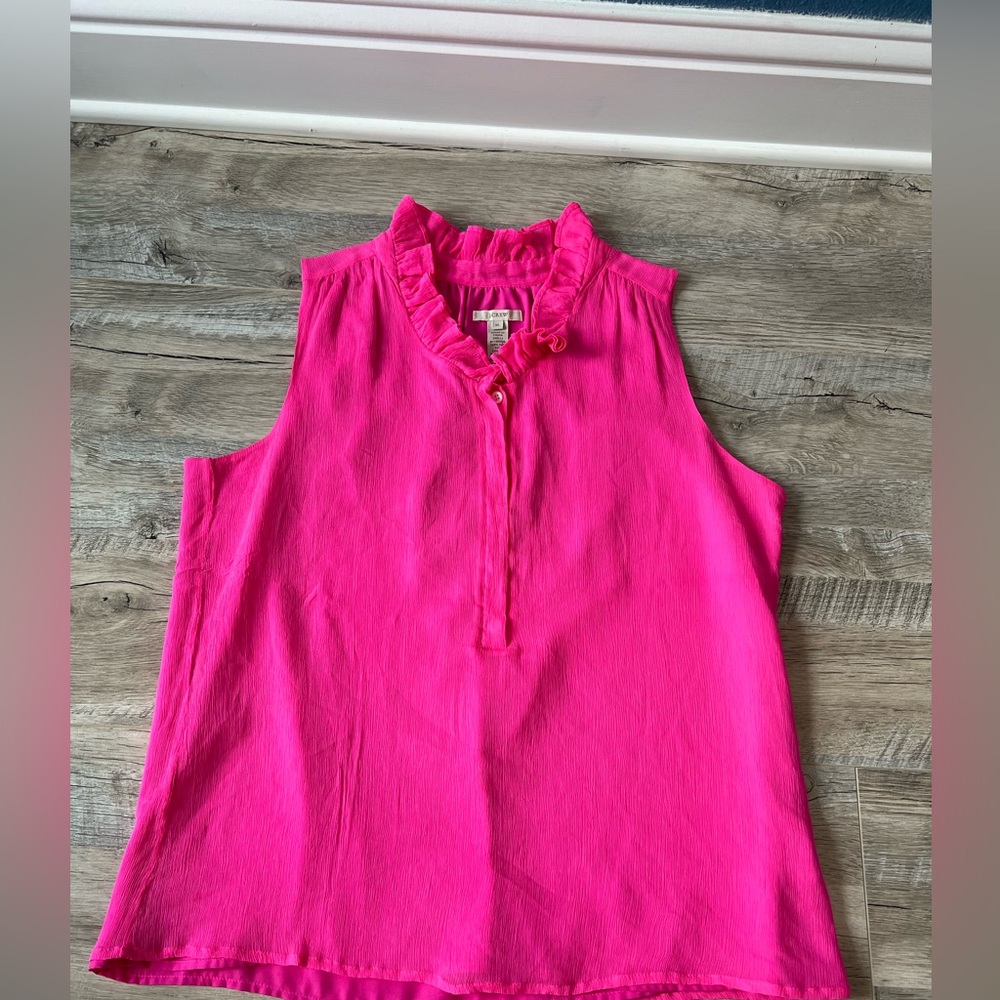 J.Crew Hot Pink Silk Crepe Ruffle Neck Size 10 Blouse - Picture 2 of 5